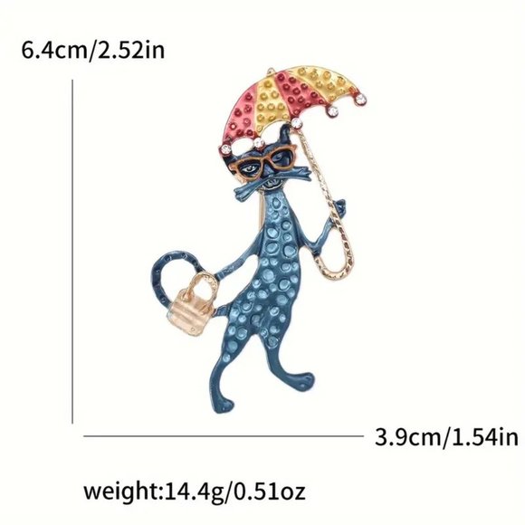 Sparkling Rhinestone Cool Cat, Kewl Kitty with Umbrella - Brooch Pin w/Gift Box - Picture 10 of 10